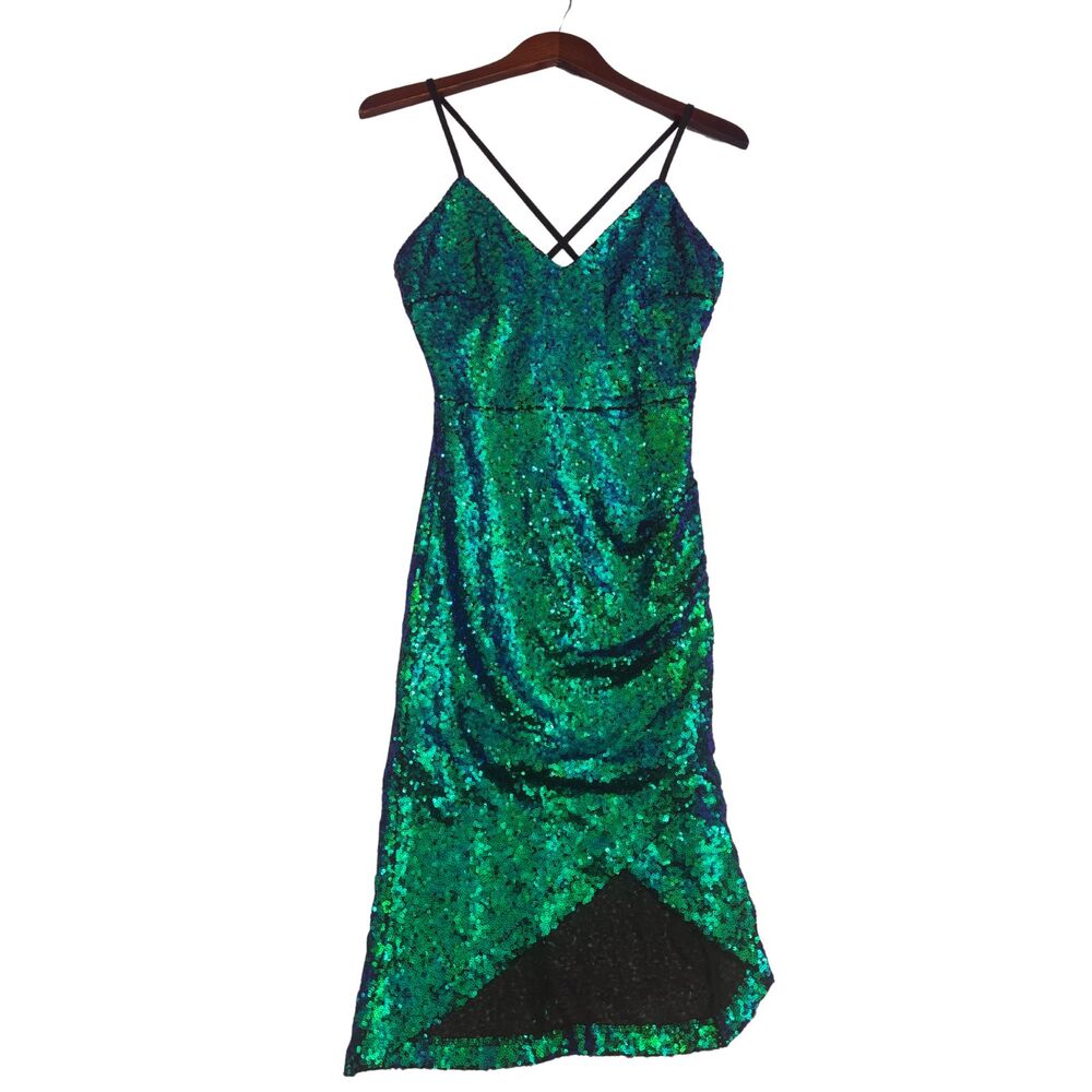 Privately Privileged Women S Green Blue Sequin Bodycon Midi Dress Strappy Party